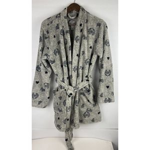 Victoria’s Secret PINK Plush Fleece Short Robe Size M L Gray Navy Logo Lounge